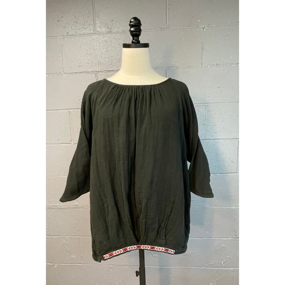 Black Indian Cotton Gauze Top 3/4 Sleeve Embroidered Ribbon Trim Large
